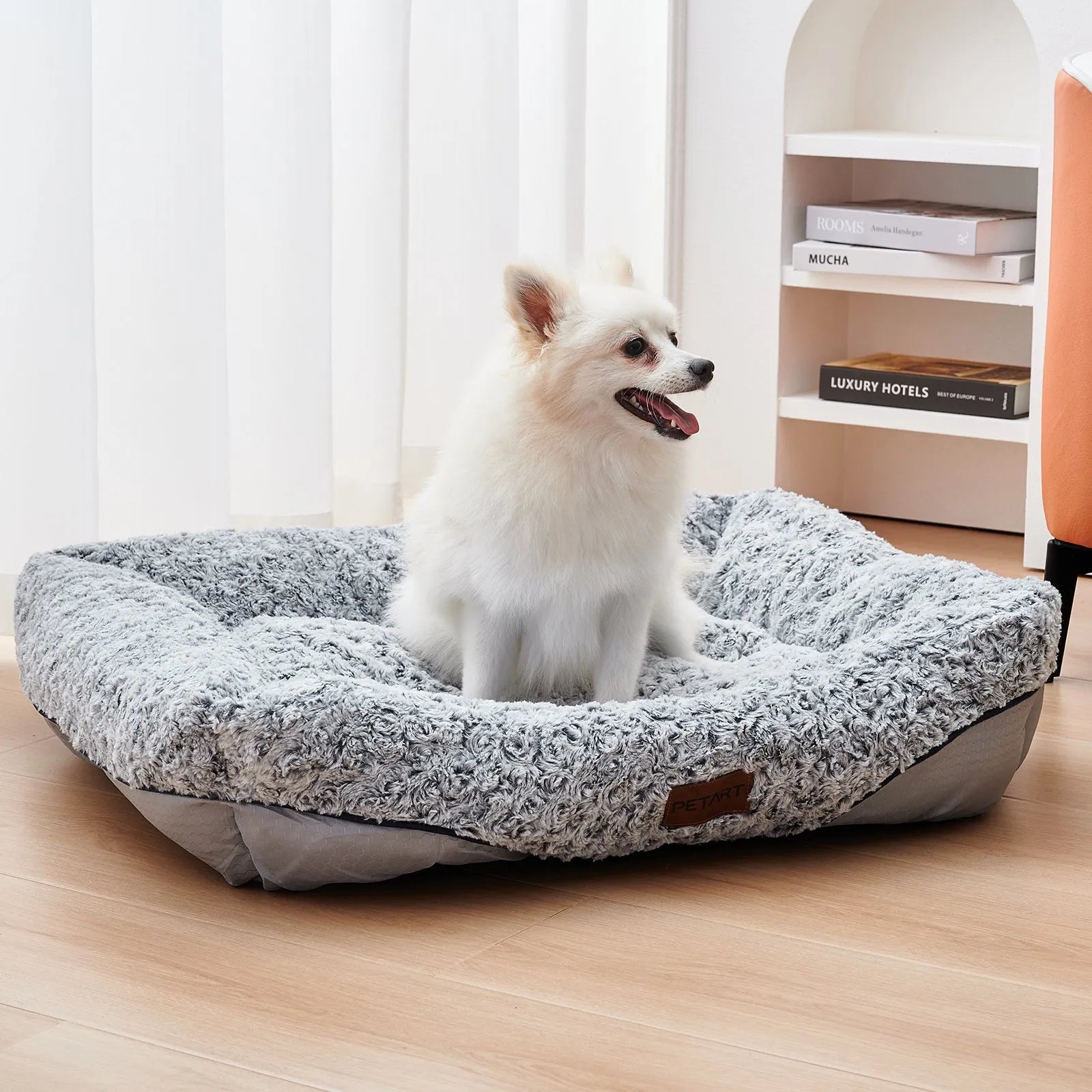 Swirl Rose Velvet dog bed with raised rim and removable cushion on a floor, size option S, M, or L.