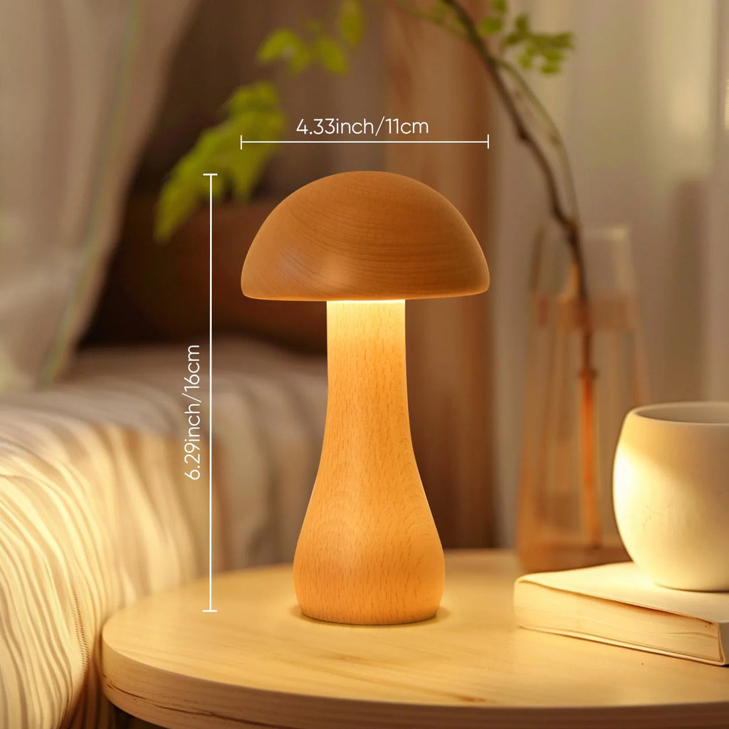 Solid wood mushroom ambience LED table lamp in natural beech colour with button switch