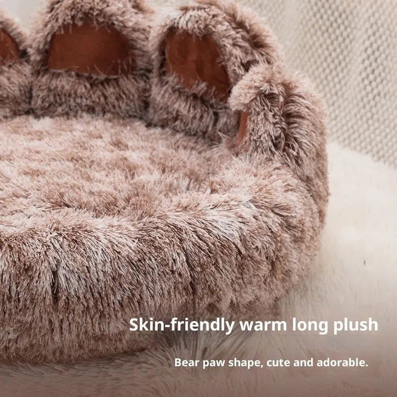 Plush thickened dog bed in double silk coffee with hand-shaped brush finish, available in 50cm to 100cm diameter sizes