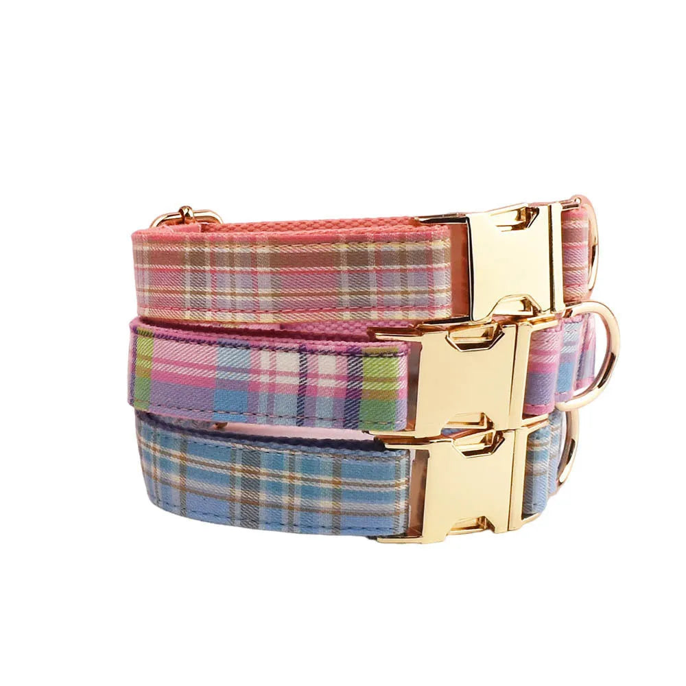 Sky blue grid pattern dog collar and leash set with matching vest and decorative bow