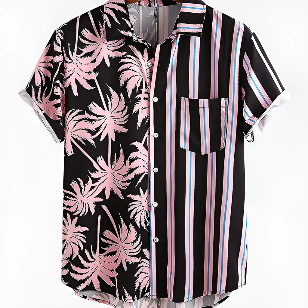 Men's short-sleeved coconut print holiday shirt with striped stitching in light green