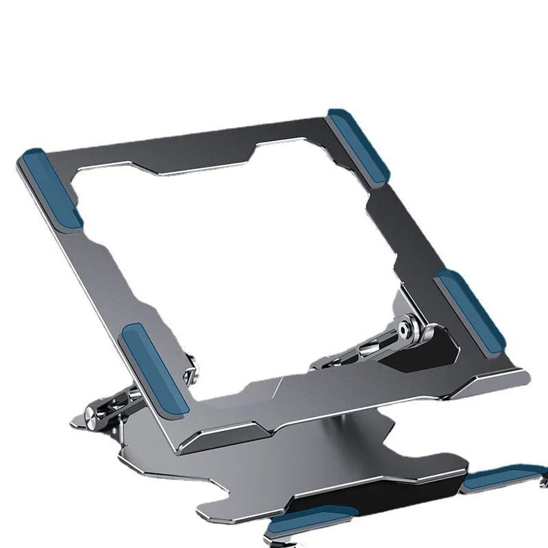 Grey portable aluminum laptop stand with adjustable angle, shown holding a silver laptop.