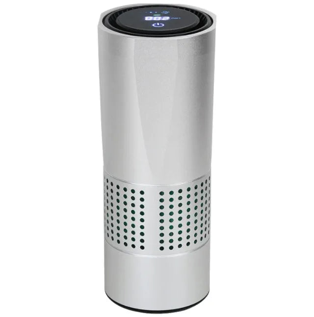 Aluminium alloy car air purifier with display screen and USB cable for vehicle use.