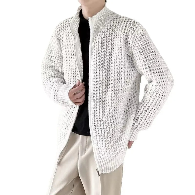 Men's thickened cardigan coat in black with loose fit and rabbit hair blend fabric, front view