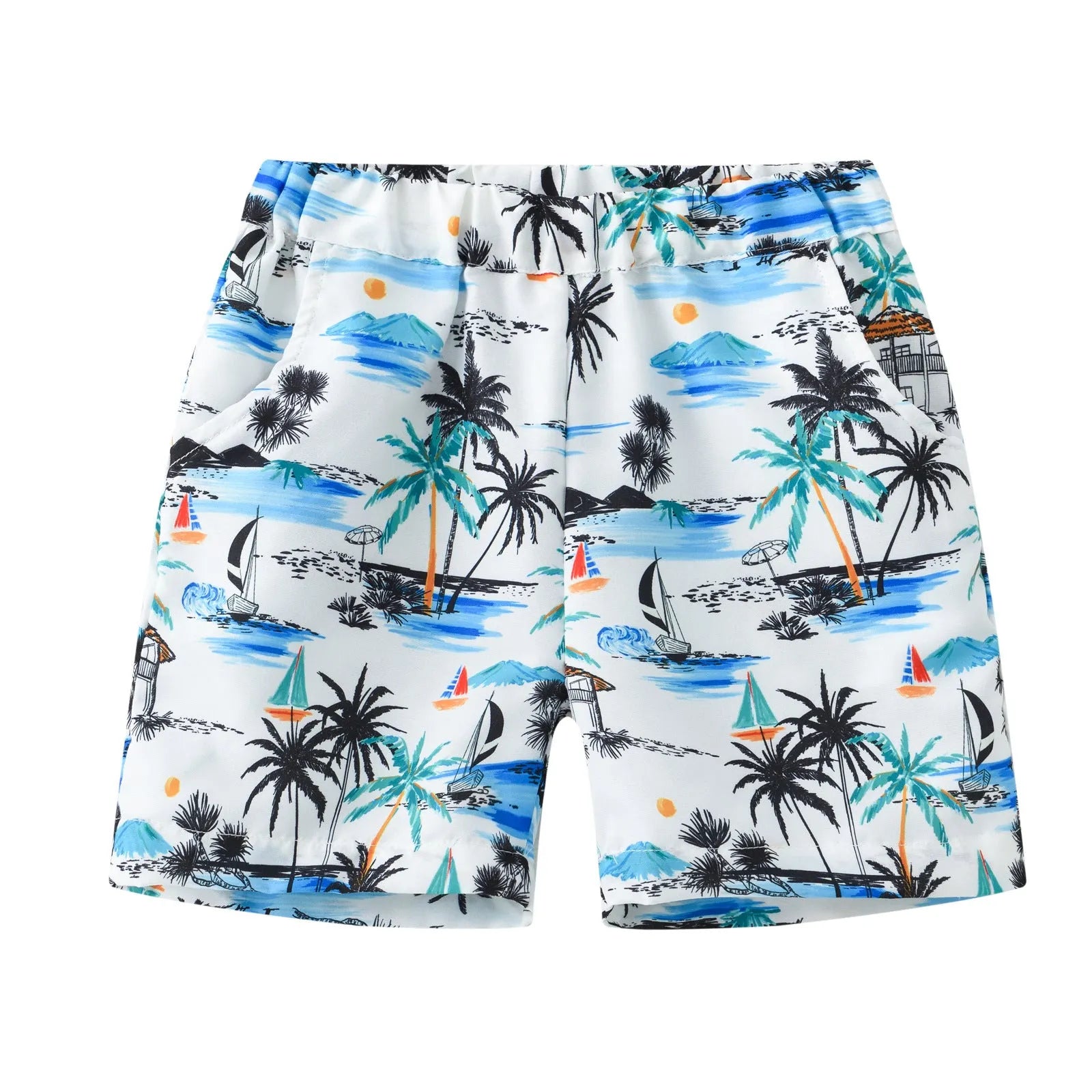 Printed beach shorts with elastic waistband in multiple colour patterns including coconut trees and pineapple design
