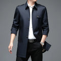 Men's mid-length lapel trench coat in khaki, 65cm length, chemical fibre blend, side view