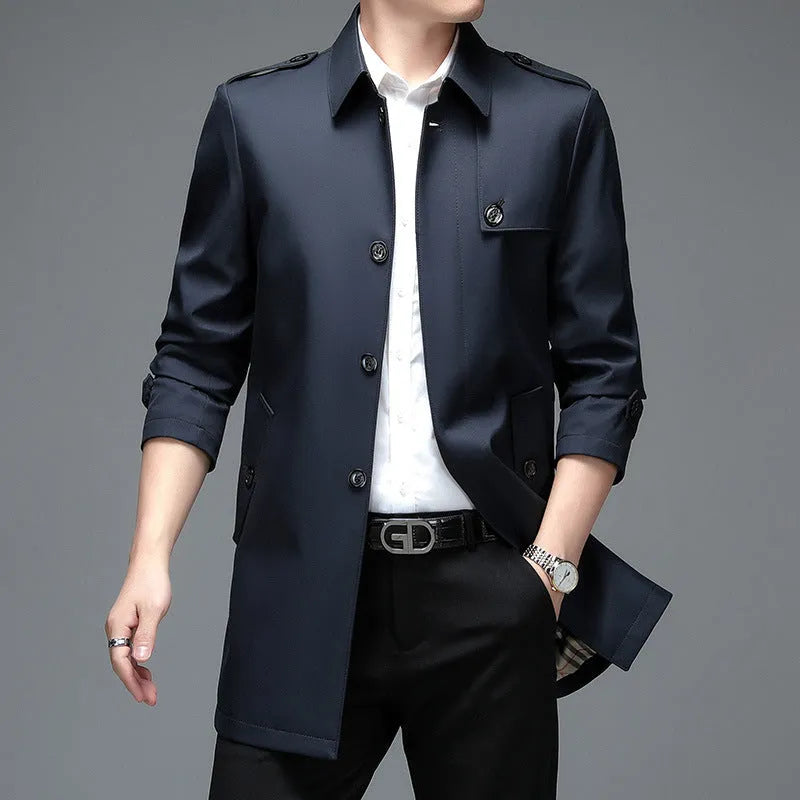 Men's mid-length lapel trench coat in khaki, 65cm length, chemical fibre blend, side view