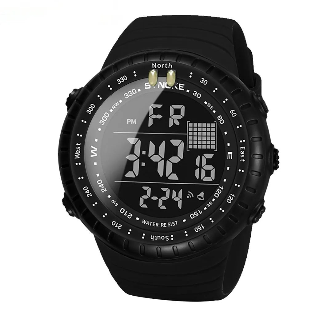 Black men's outdoor electronic watch with a large round dial on a PU strap, showing water resistance.