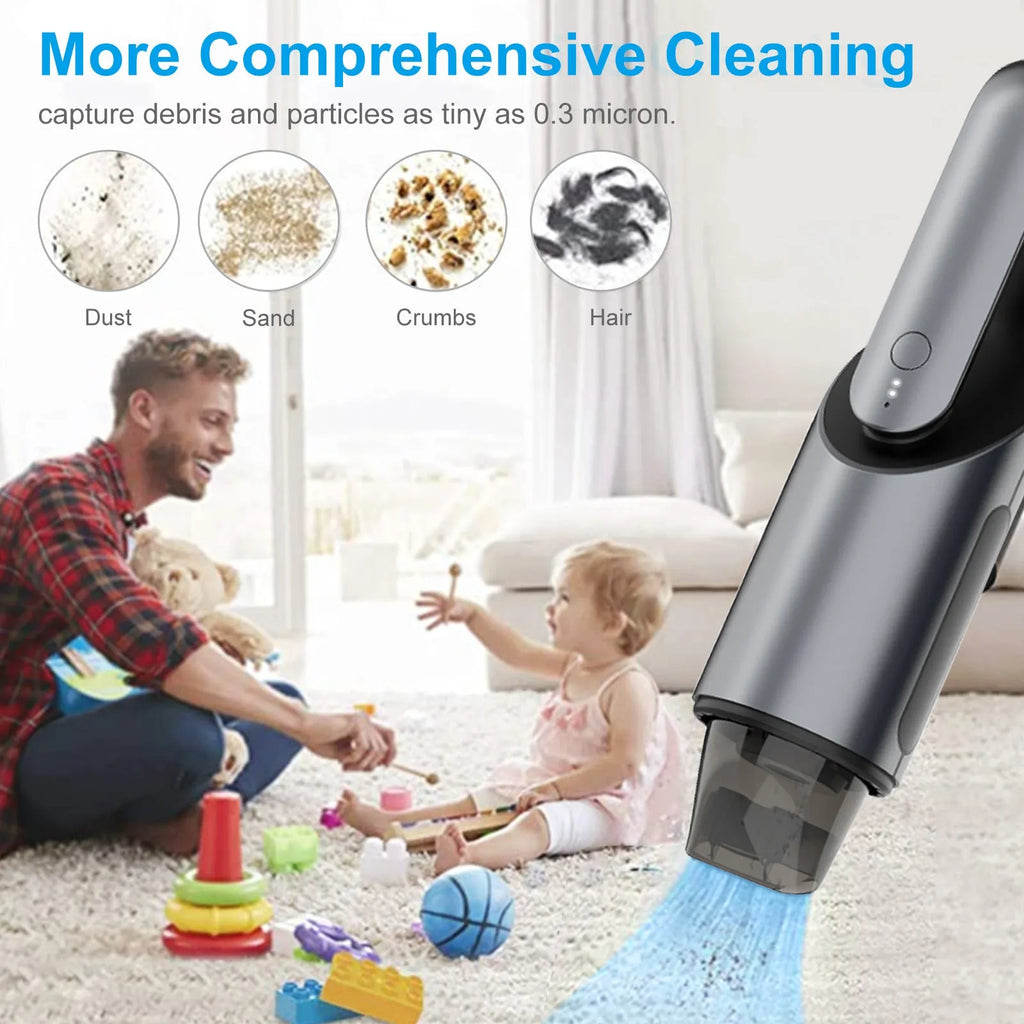 Black portable wireless car vacuum cleaner with brush and flat attachments for vehicle interior cleaning