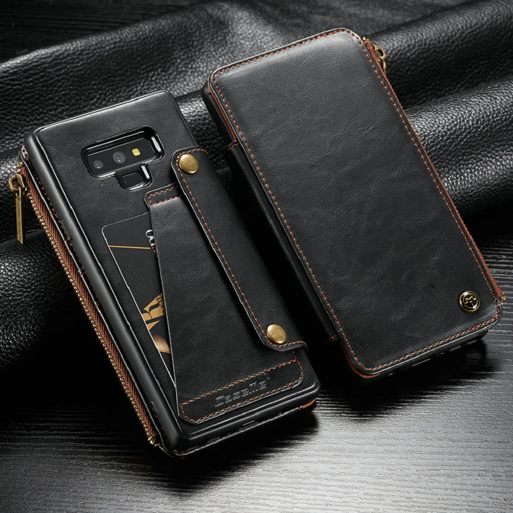 Samsung Note9 leather flip phone case in black, brown, and red colour options showing flip cover design