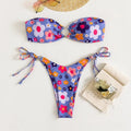 Pink print tube top bikini set with briefs on a mannequin, front view.