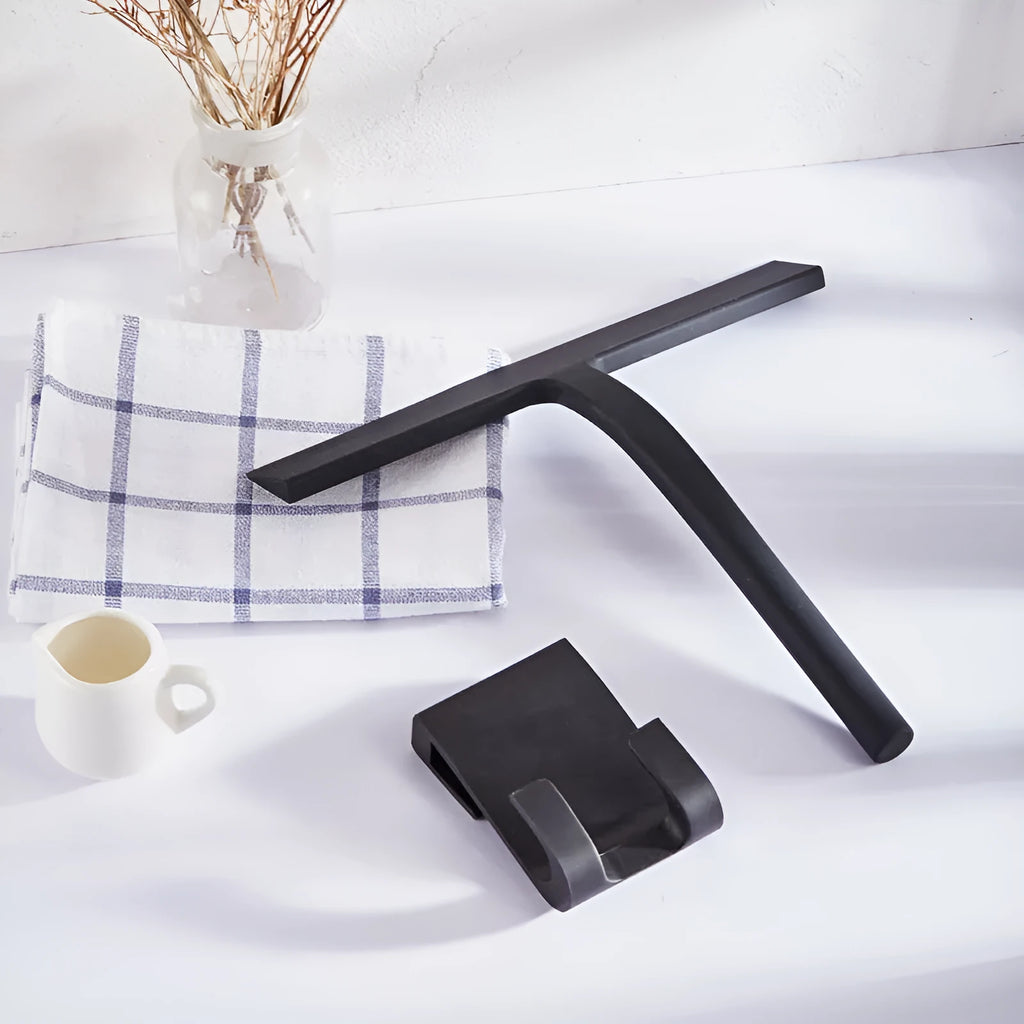 Silicone glass wiper with hook, 22.8cm scraper length, black colour, on a shower screen edge