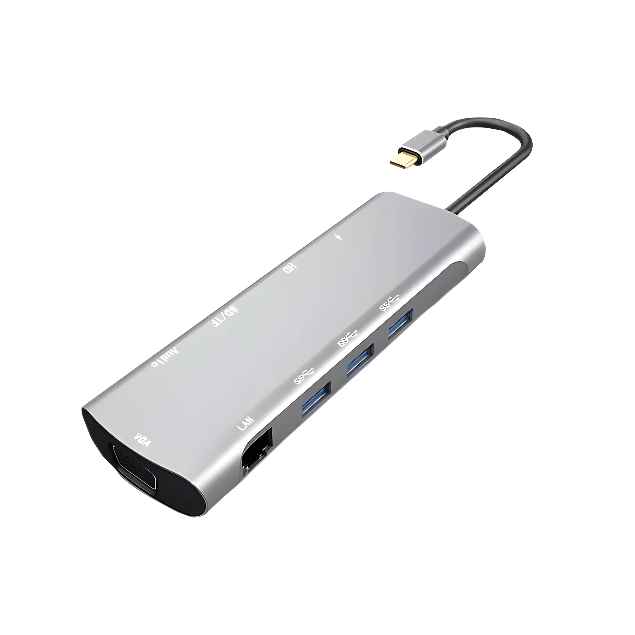 Grey aluminium USB-C docking station with multiple ports including HDMI, VGA, and USB, showing its 140mm attached cable.