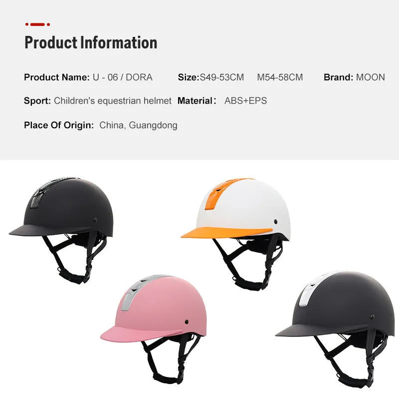 Lightweight ABS EPS equestrian helmet in bright black colour showing sizing options for horse riding