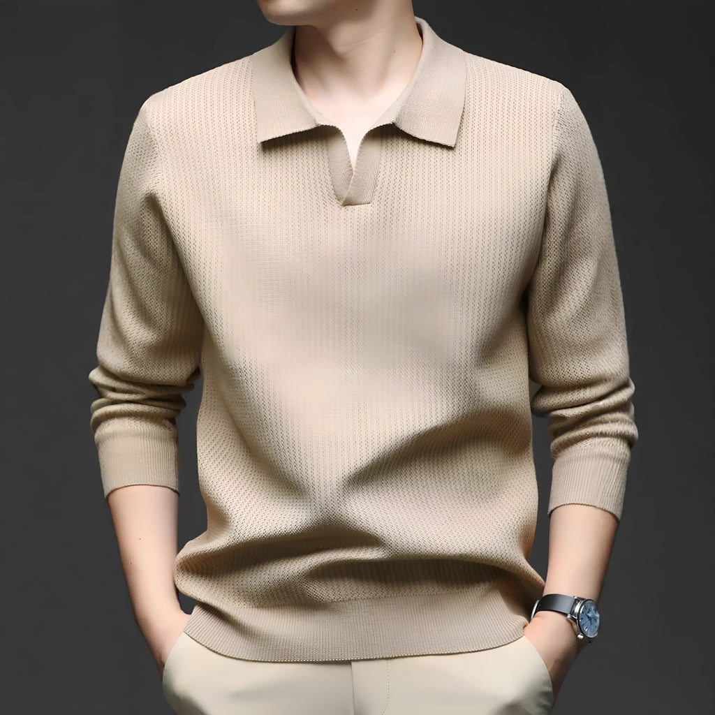 Men's loose fit casual pullover sweater in a camel colour, showing the front design.