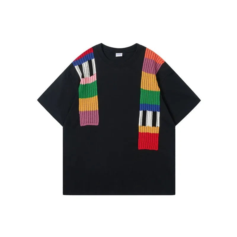Cotton pullover top with colour contrast patchwork design showing letter patterns, loose fit with short sleeves