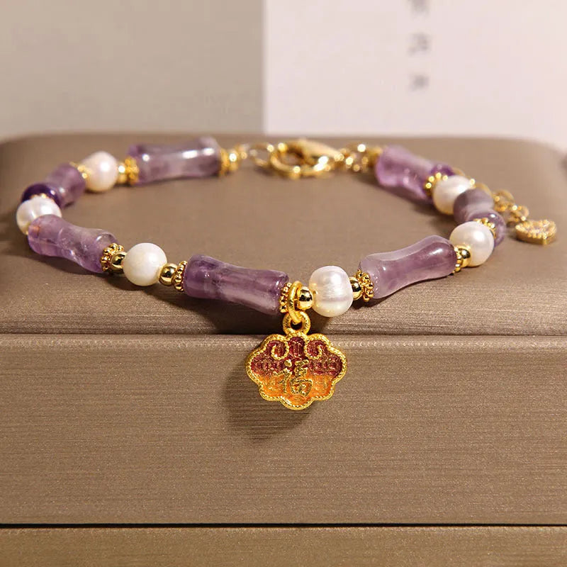 Chinese style stone bamboo women's glass bracelet in amber, green, purple colours