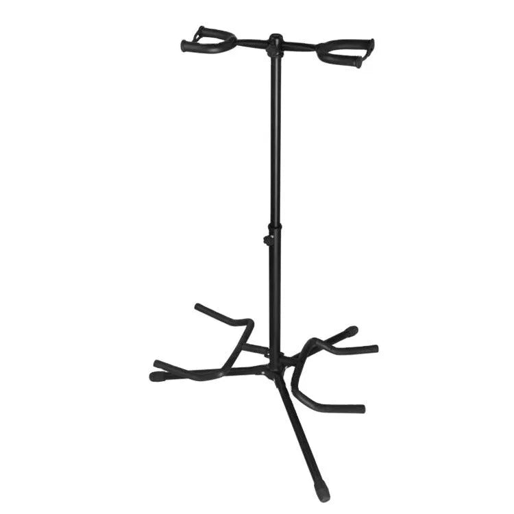 Black vertical double-headed adjustable guitar stand holding two guitars.
