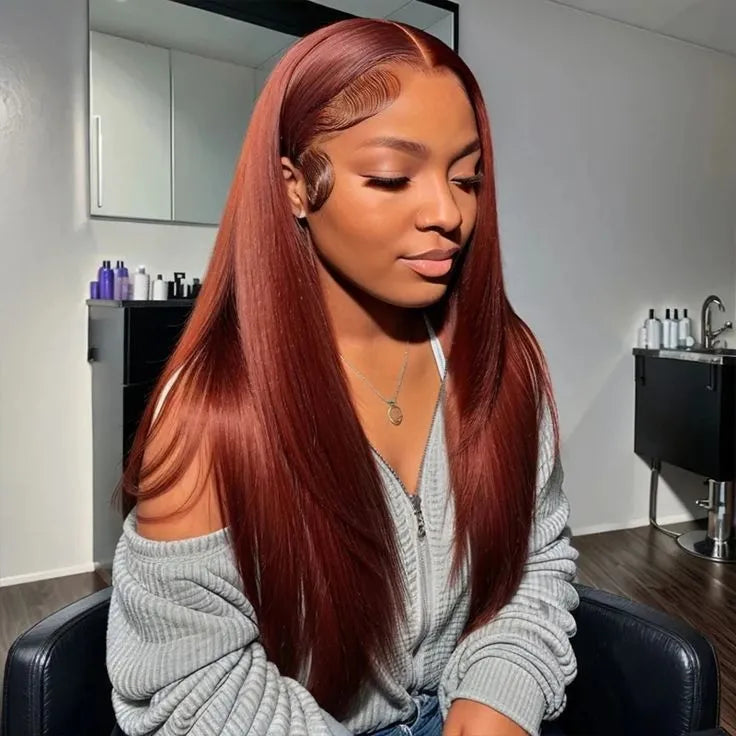 Red brown 33 colour human hair wig with transparent lace, long straight style with side bangs, 16-30 inch lengths