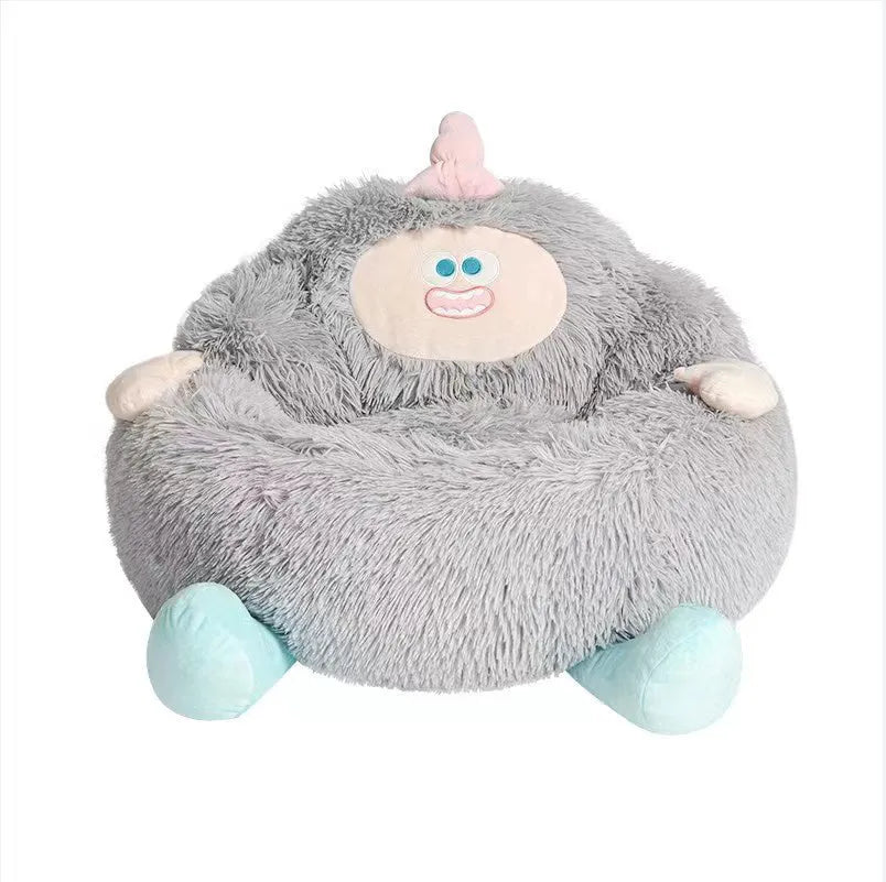 Grey long plush pet nest bed for a cat or dog, showing its round kennel shape and thick material.