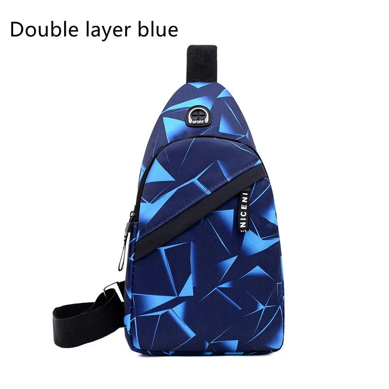 Men's blue print sling chest bag with a visible earphone hole and a single adjustable strap.