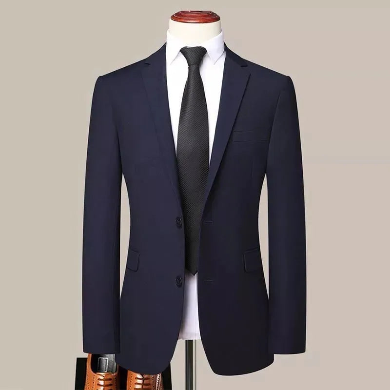 Men's three-piece Korean style slim fit business suit set in black, grey or Tibetan blue with trousers and tie