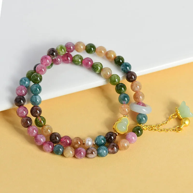 Natural chalcedony double ring bracelet with geometric beads