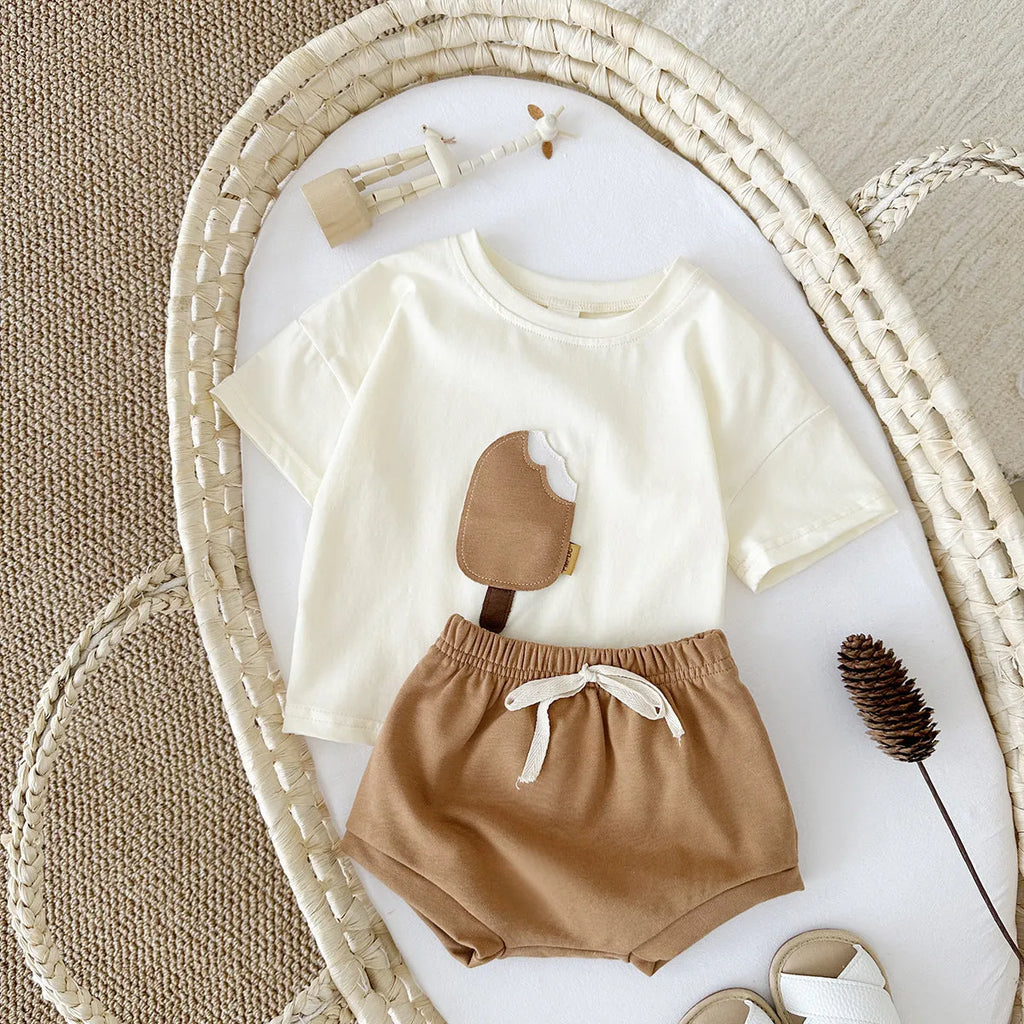 Girls' apricot cotton shorts suit two-piece set with ice cream patch on shirt.