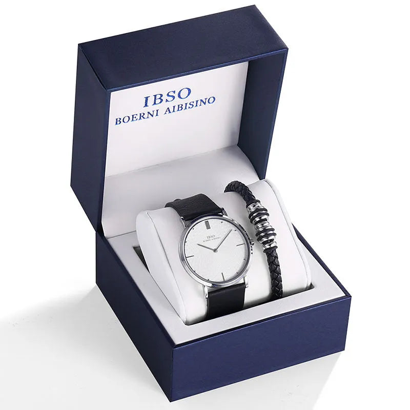 Men's quartz watch set with leather band, round alloy case, buckle clasp, 37mm dial, hardlex window