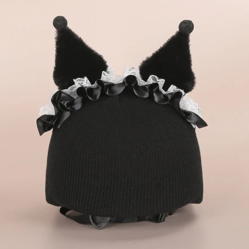 A soft plush cartoon character cover stretched over a medium-sized motorcycle helmet.
