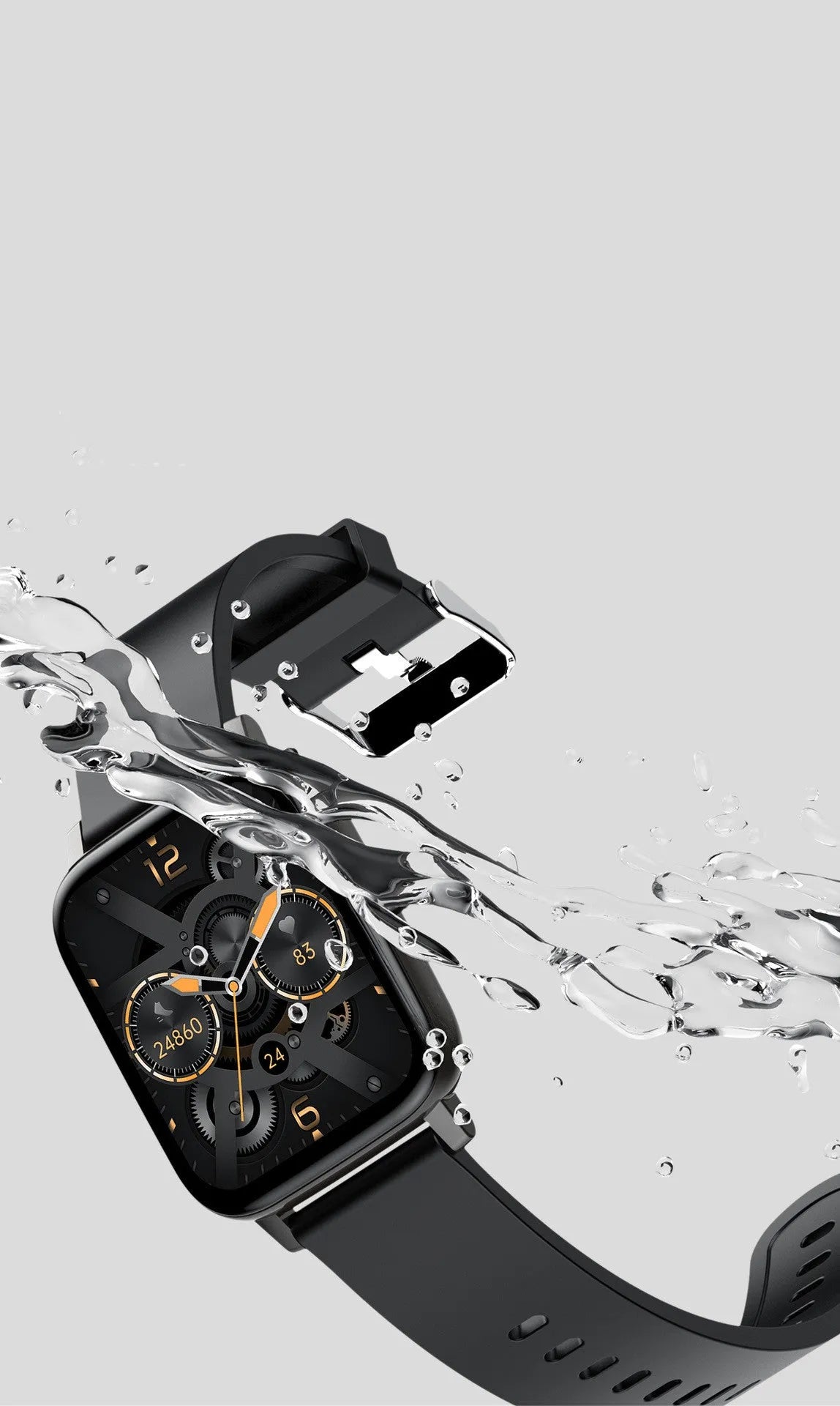 H80 black smart watch with spherical glass screen showing heart rate and time on a silicone strap