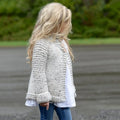 Beige long sleeve girls cardigan sweater coat with single-breasted button closure.