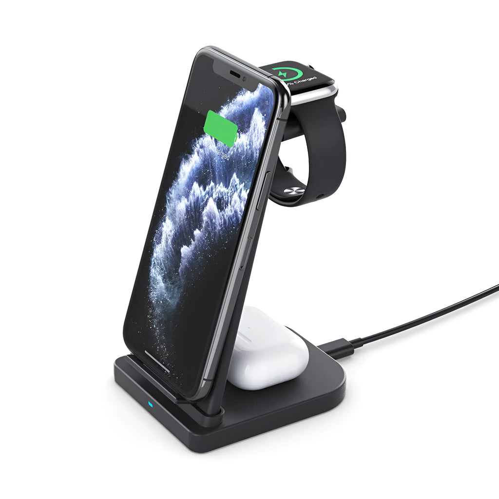 Foldable three-in-one wireless charger for mobile phone, headphones, and smartwatch in black or white