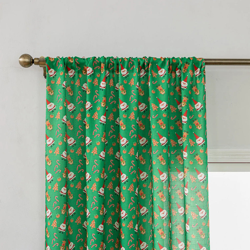 Christmas curtain with cartoon snowman and angel print in red or green, 1 metre length
