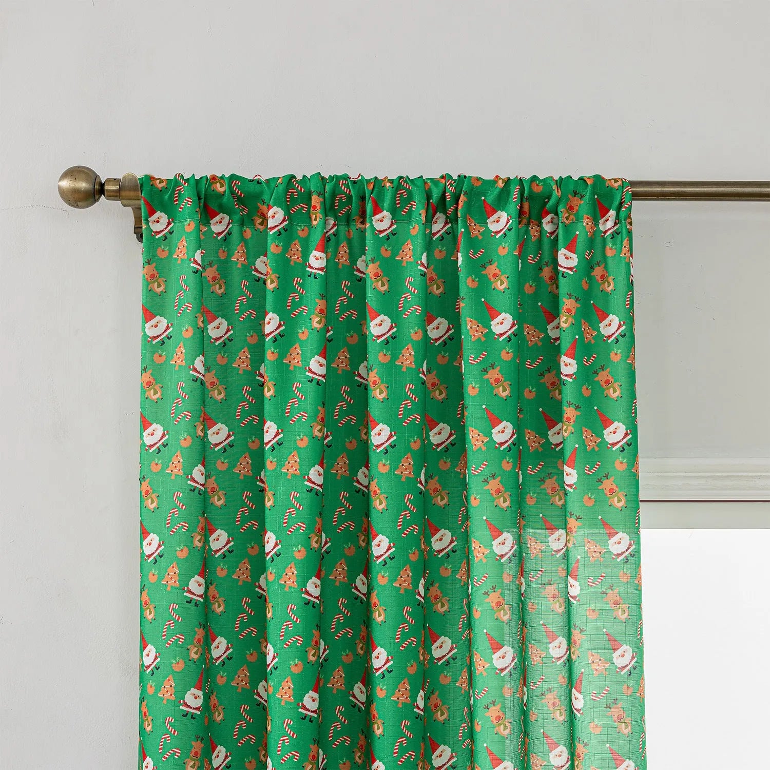 Christmas curtain with cartoon snowman and angel print in red or green, 1 metre length