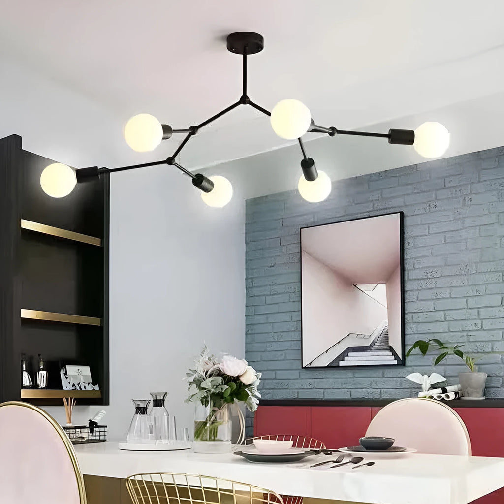 Simple Nordic style iron ceiling chandelier with multiple arms, shown in black and white finishes.