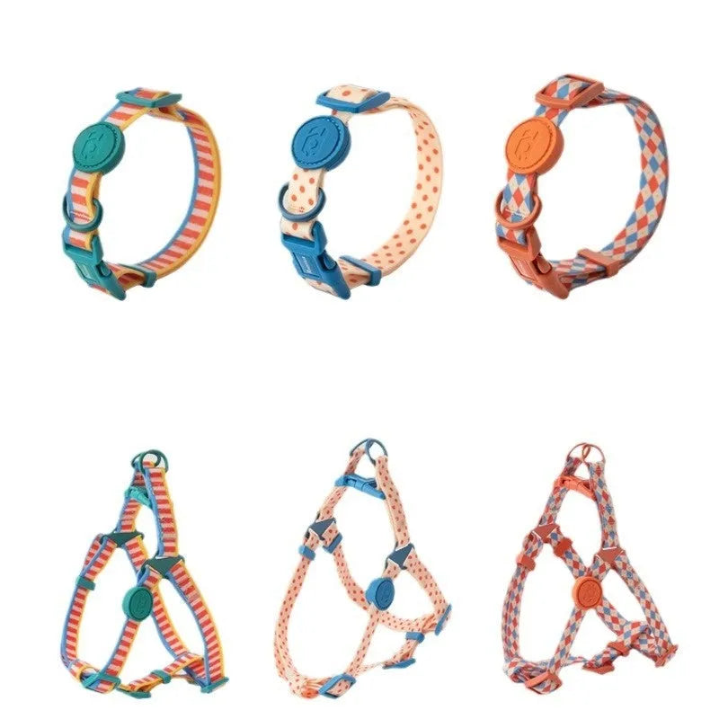 Retro record pattern dog collar and hand holding rope set for small medium dogs in various colours