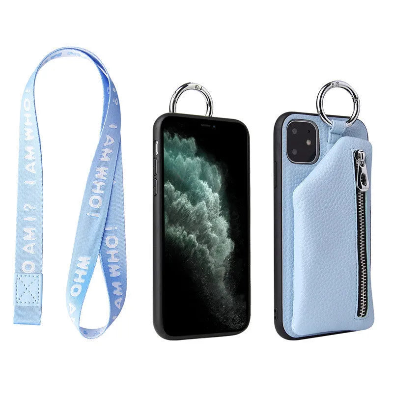 PU leather crossbody phone case with lanyard in black, back cover style for iPhone 14 Pro Max