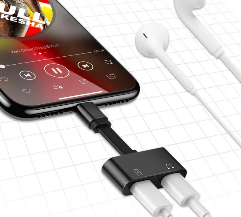 Black 2-in-1 Lightning adapter for iPhone charging and headphone use