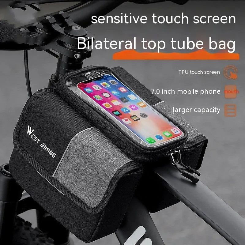 Black and grey bilateral tube saddle bag mounted on bicycle frame with 2L capacity