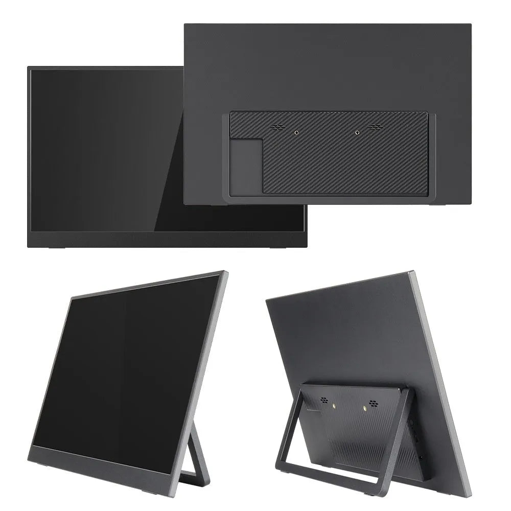 15.6-inch black portable monitor with adjustable stand, showing Full HD display connected to laptop