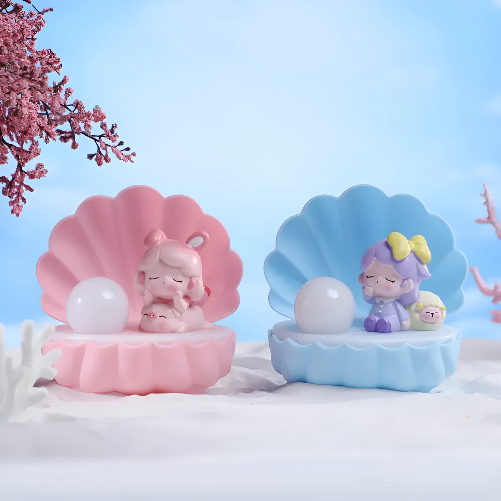 Shell Star Light resin cartoon character night lamp in pink pig, blue bear, purple sheep, or yellow Miki girl design.