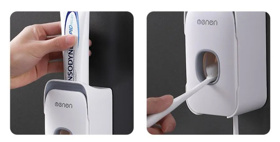 Blue, grey, and pink automatic toothpaste dispenser made of ABS plastic for wall mounting