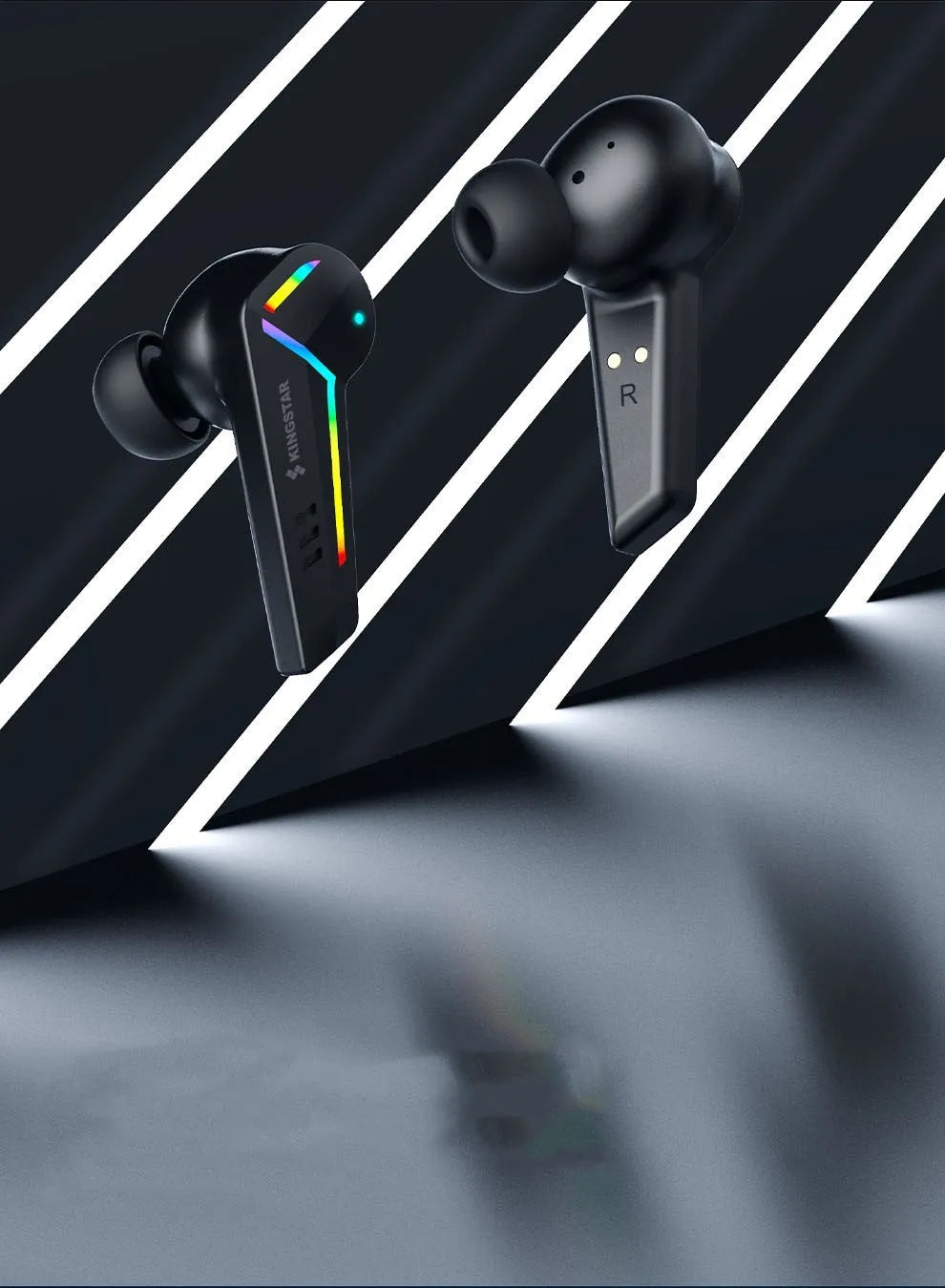 Small black wireless Bluetooth earplug headset for sports and gaming.