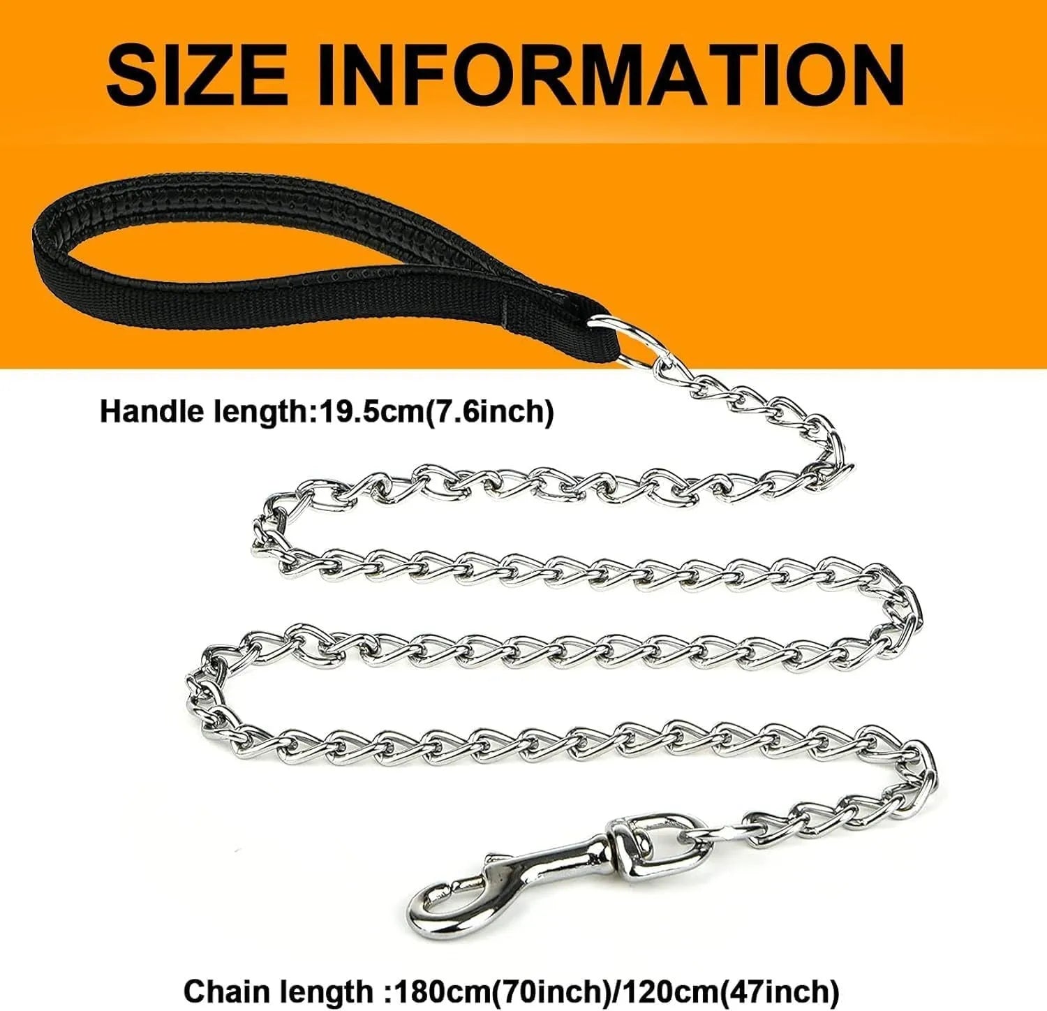 Heavy duty black metal dog chain leash with a soft blue padded handle.