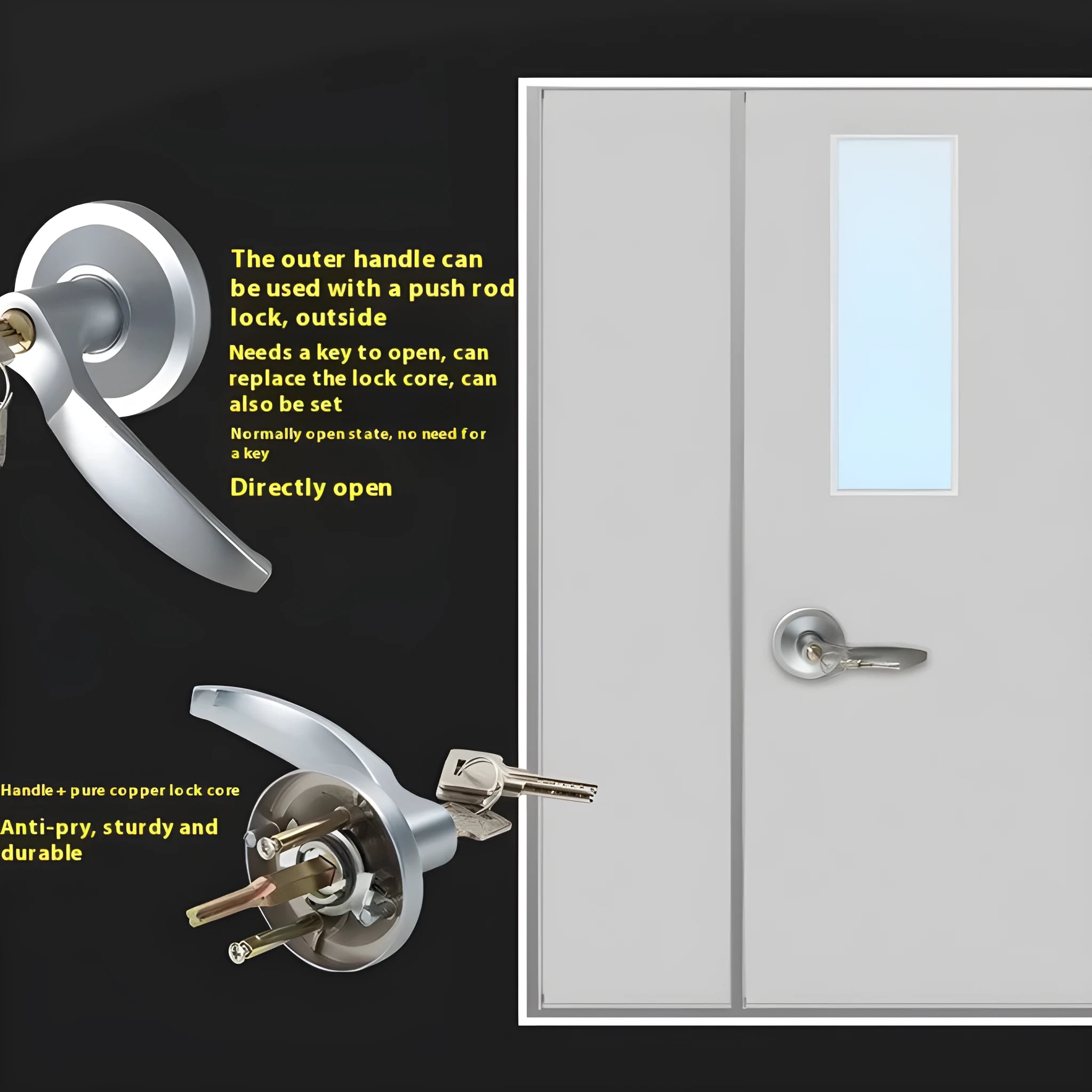 Stainless steel push lock with external handle for 65cm fire safety doors