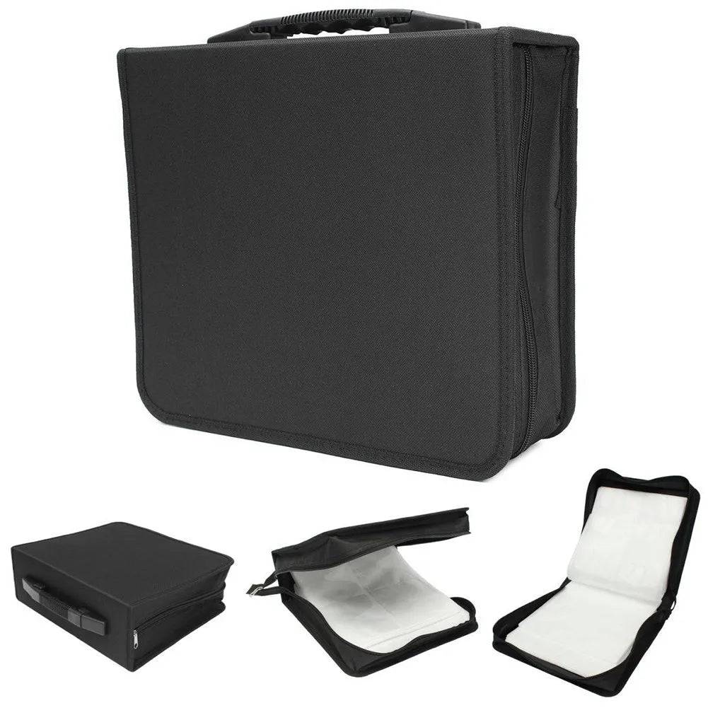 Black Oxford cloth CD storage binder with zipper closure and top carrying strap