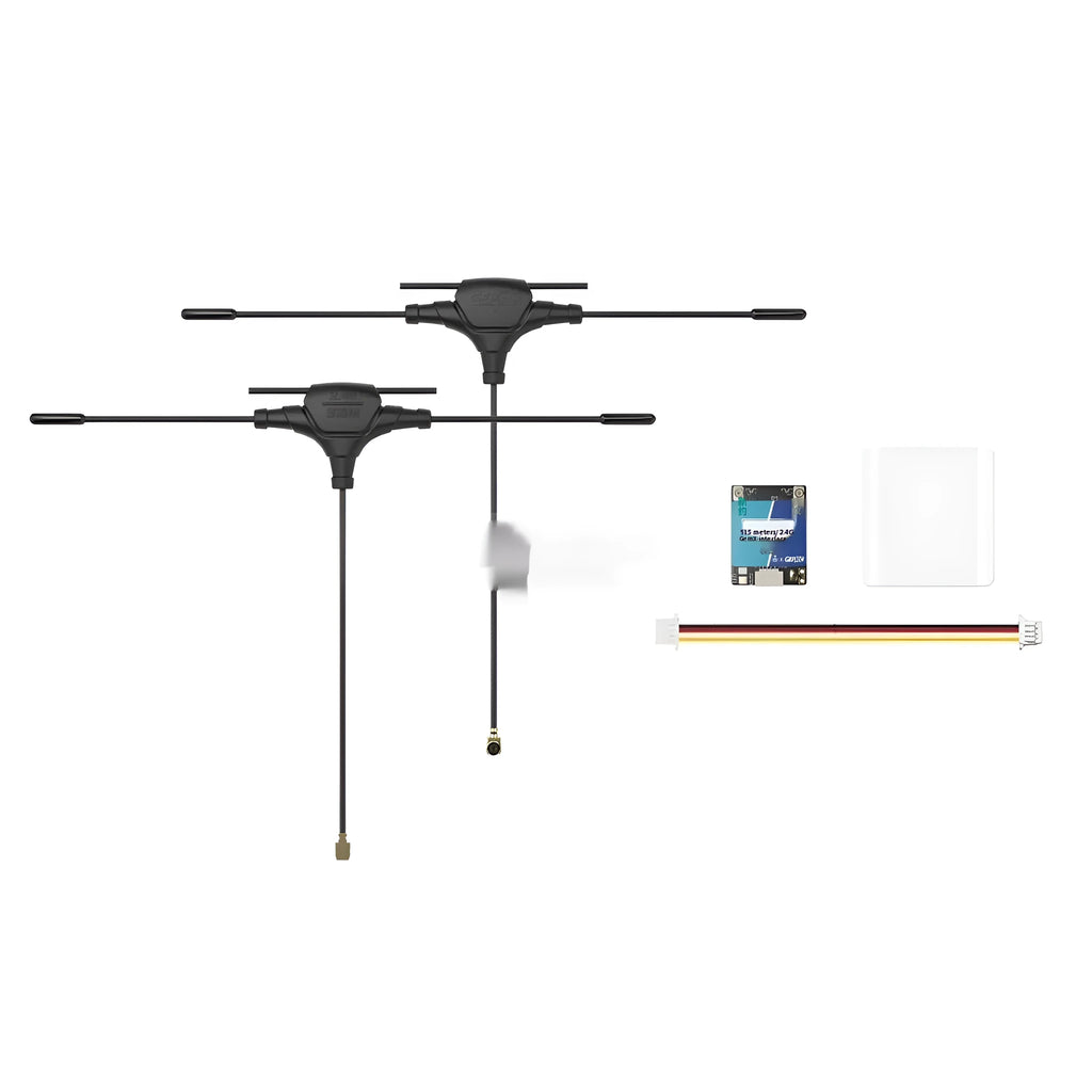Gemini ELRS dual-frequency FPV receiver with metal case and two T-shaped antennas.