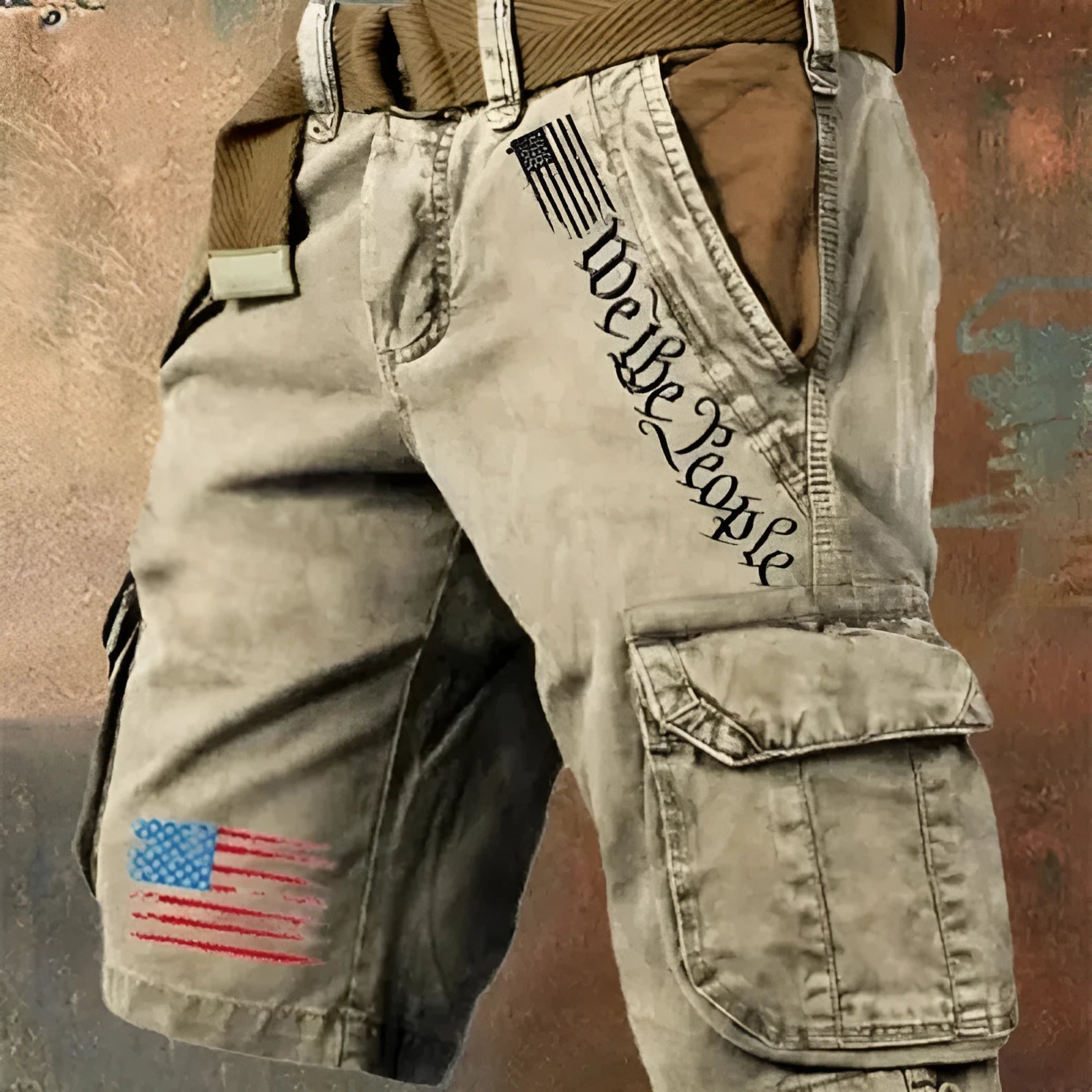 Men's khaki and blue thin multi-pocket fifth pants with loose fit and mid-waist design
