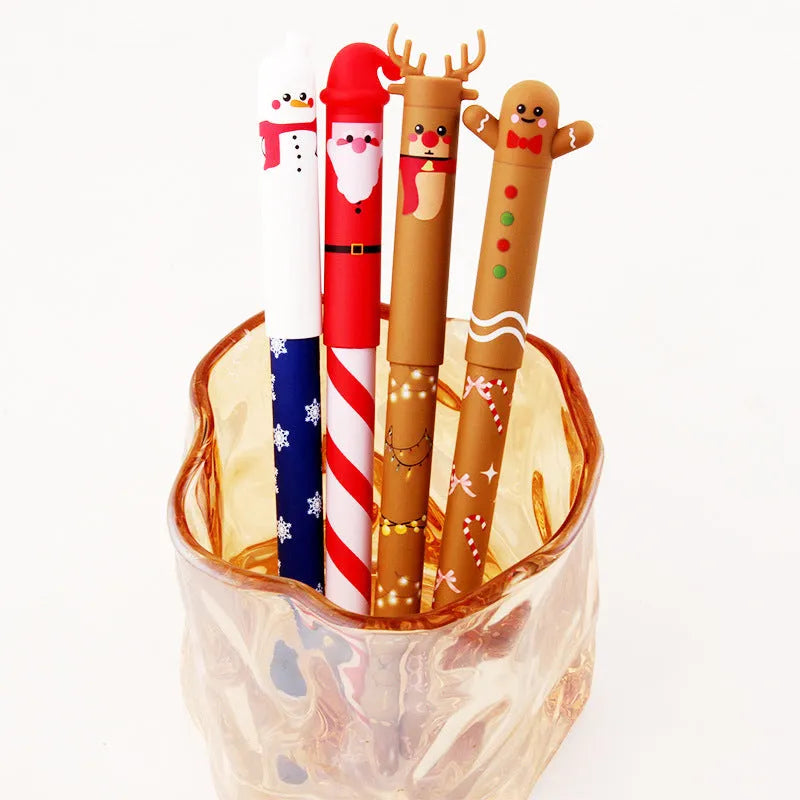 Set of 4 Christmas-themed erasable gel pens with 0.5mm fine tip in red, black, green, and blue